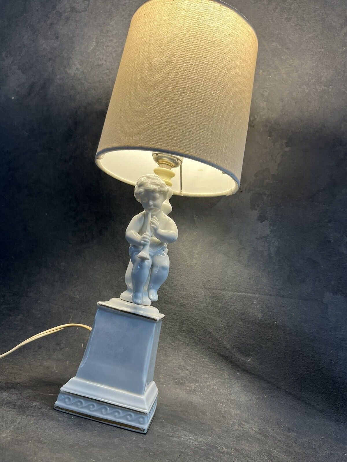 Vintage Cherub Ceramic Table Lamp Glass Angel W/ Shade 16” NICE