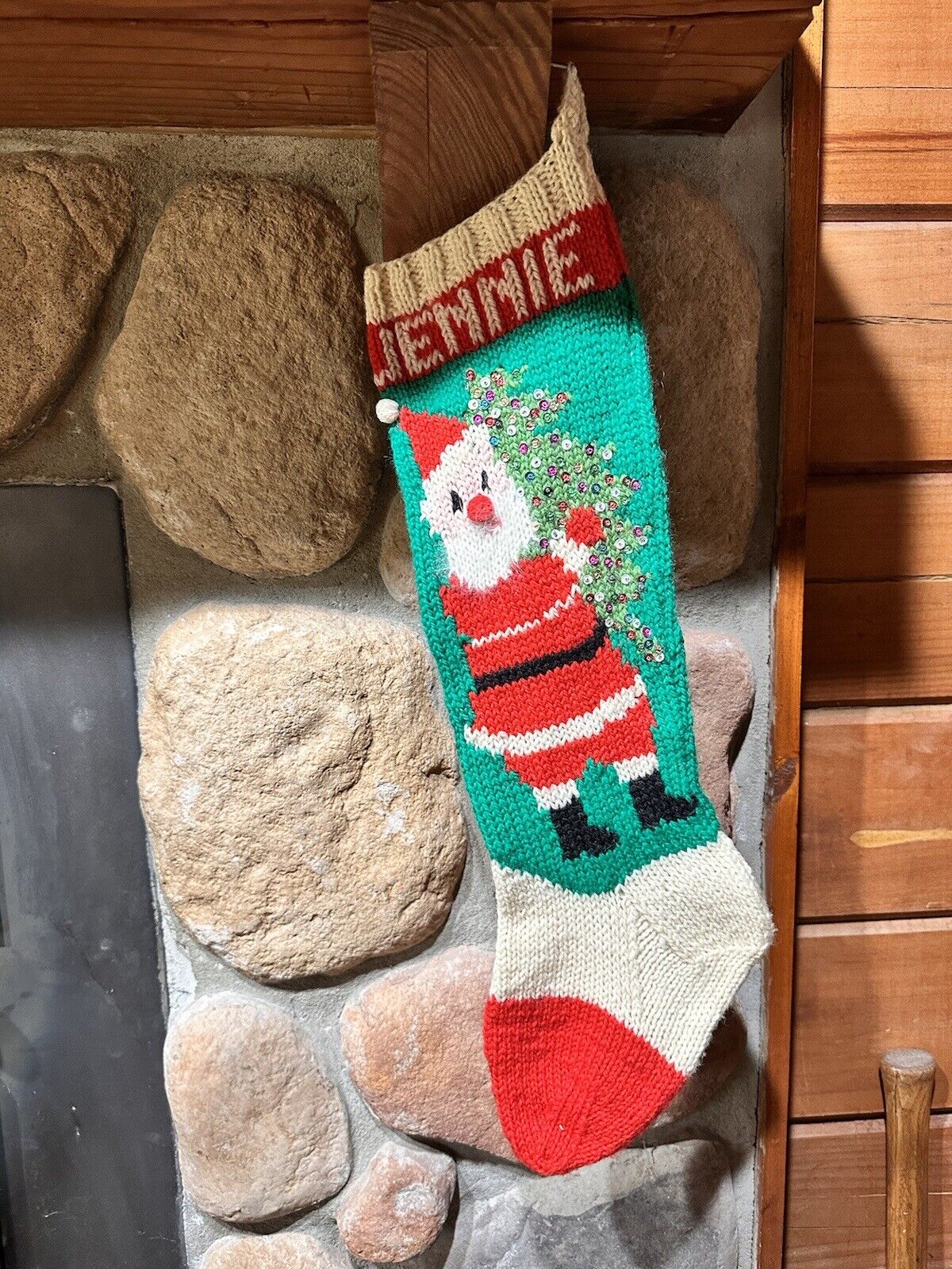 Vtg JEMMIE Christmas Stocking HandKnit Angora Santa Claus/ JingleBell 20\