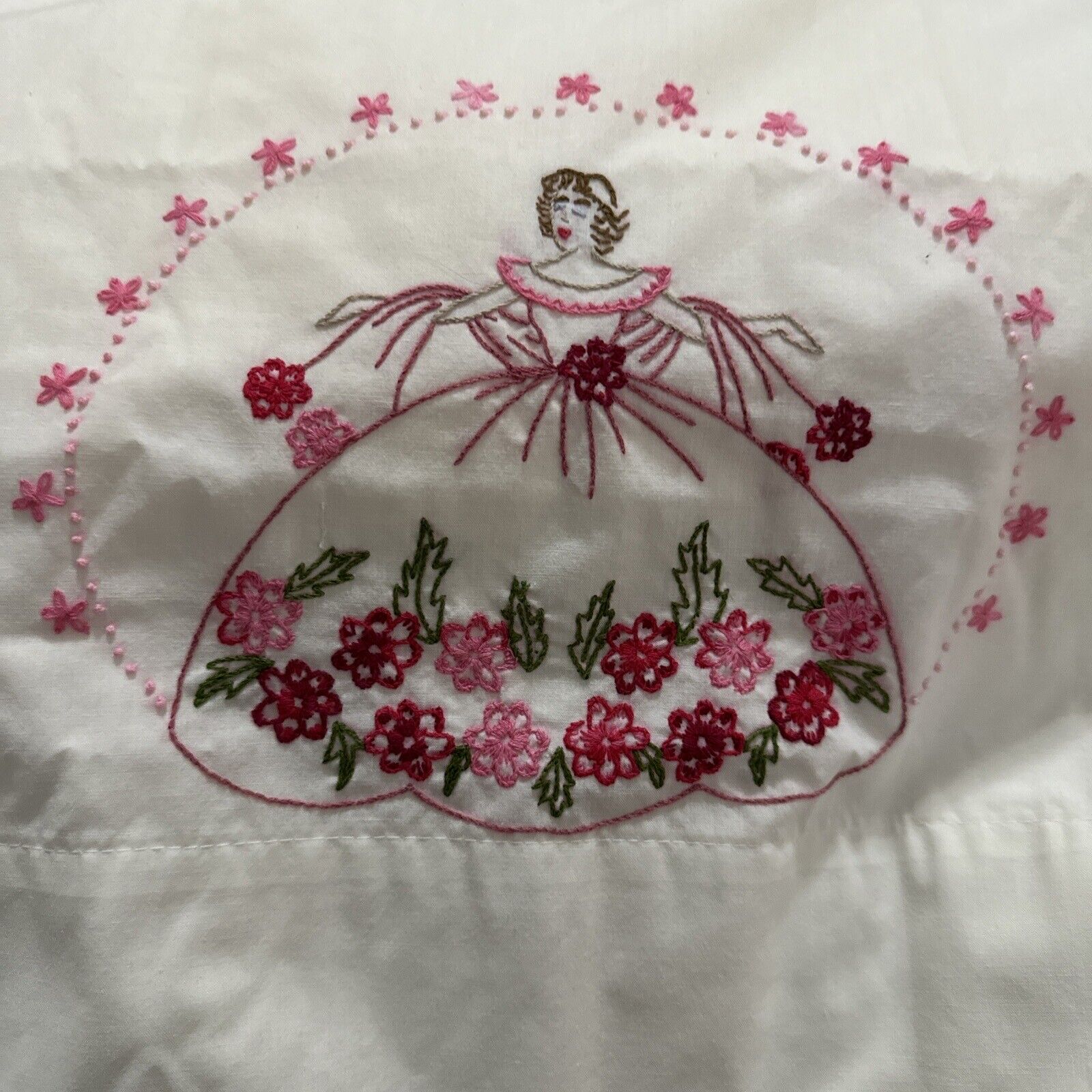 Vintage set 100% cotton Pillowcases Southern Lady  embroidered  Granny Core