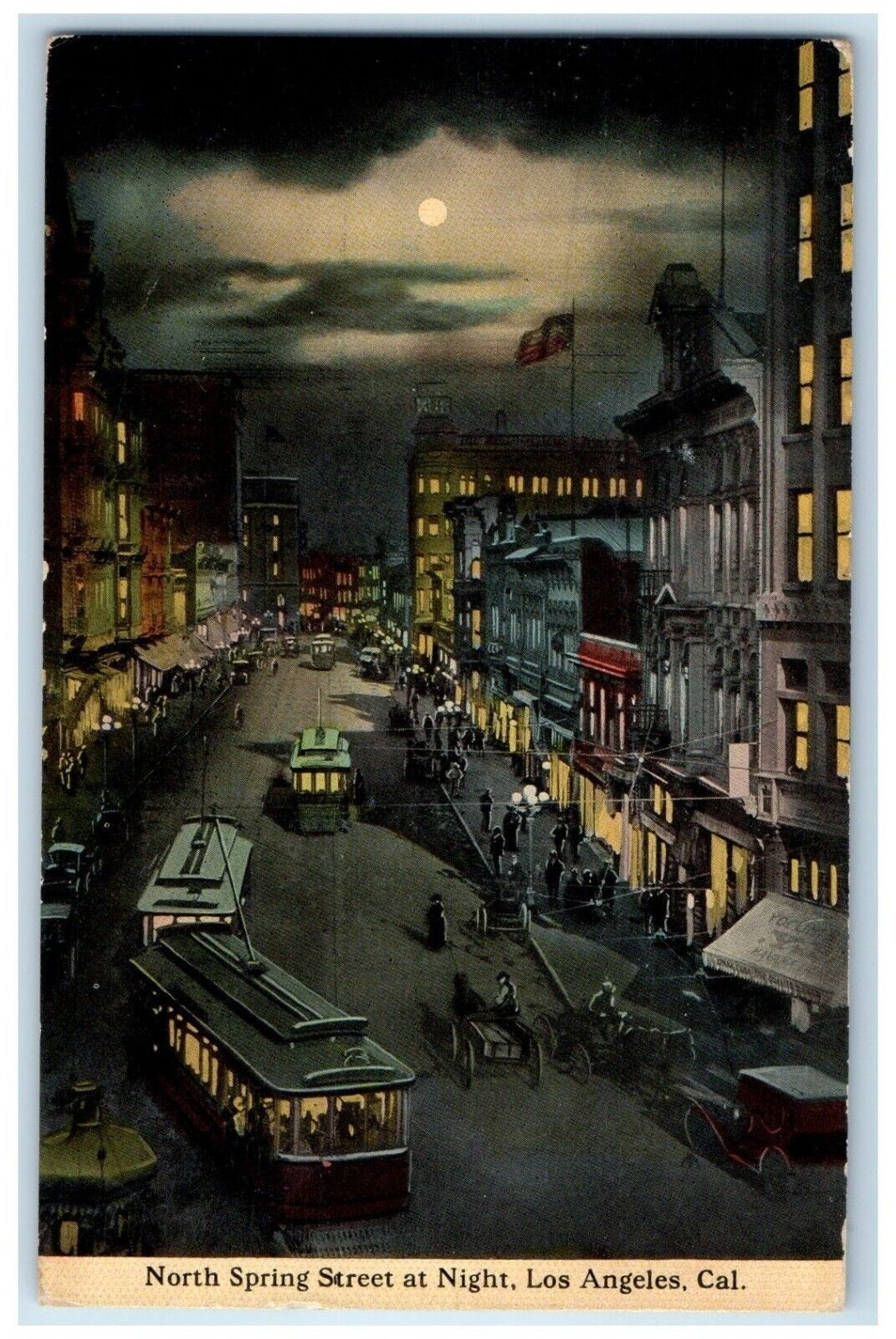 1913 North Spring Street Night Streetcar Moon Los Angeles California CA Postcard