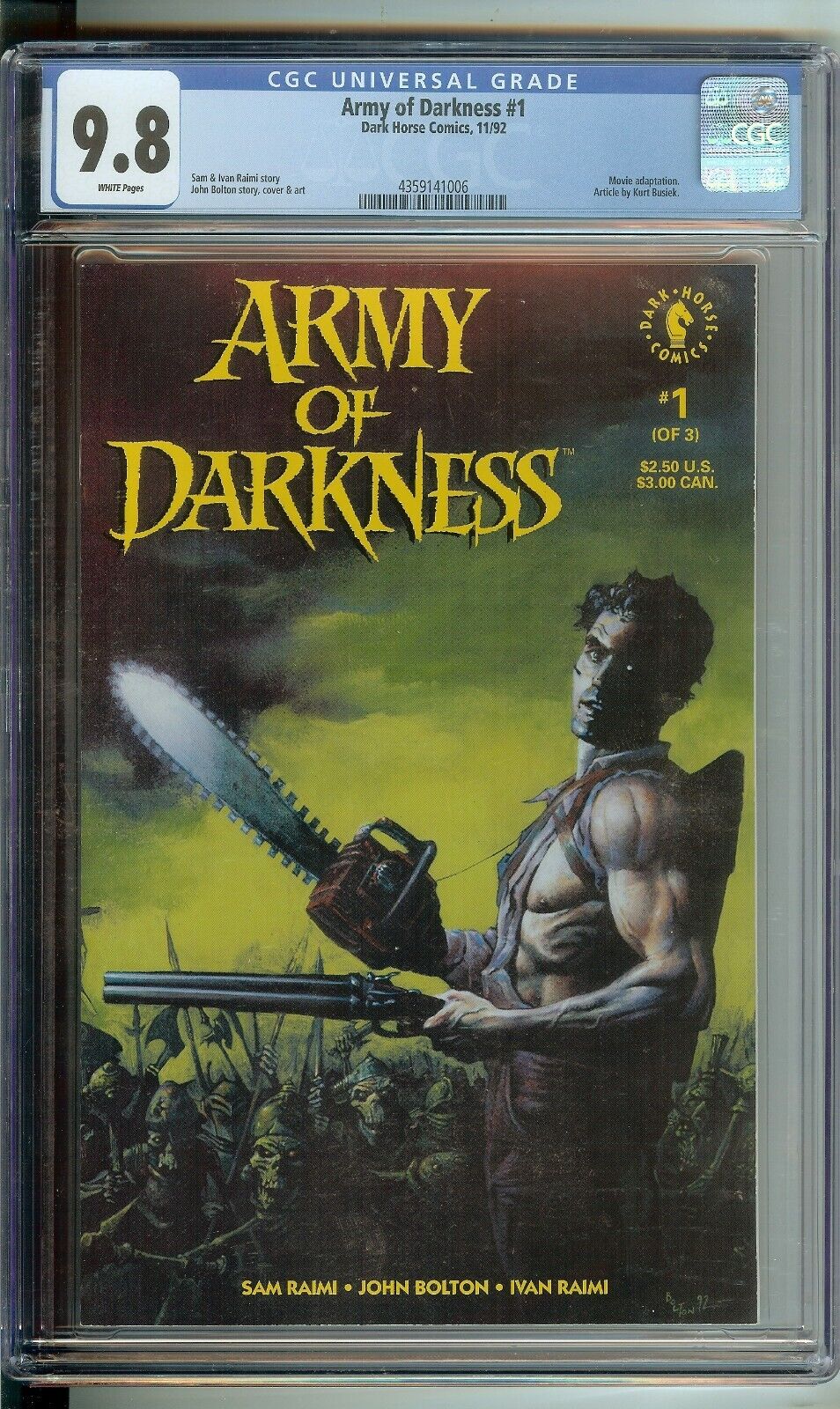 Army of Darkness #1 CGC 9.8 Dark Horse Comic 1992 White Pages Movie Adaptation