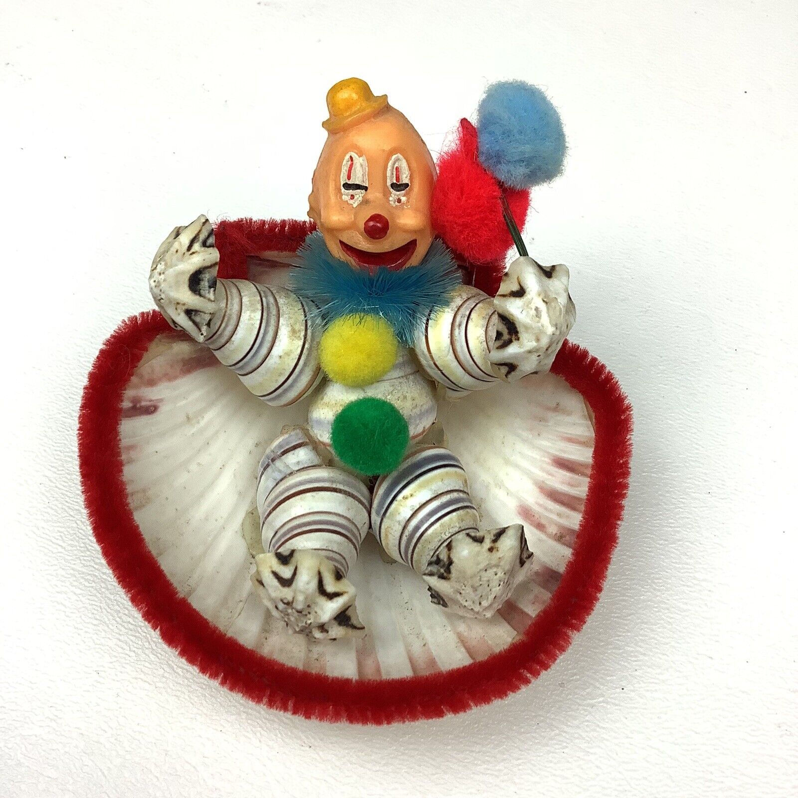 Vintage Handmade Clown with balloons Cone Sea Shell Multicolor Decoration