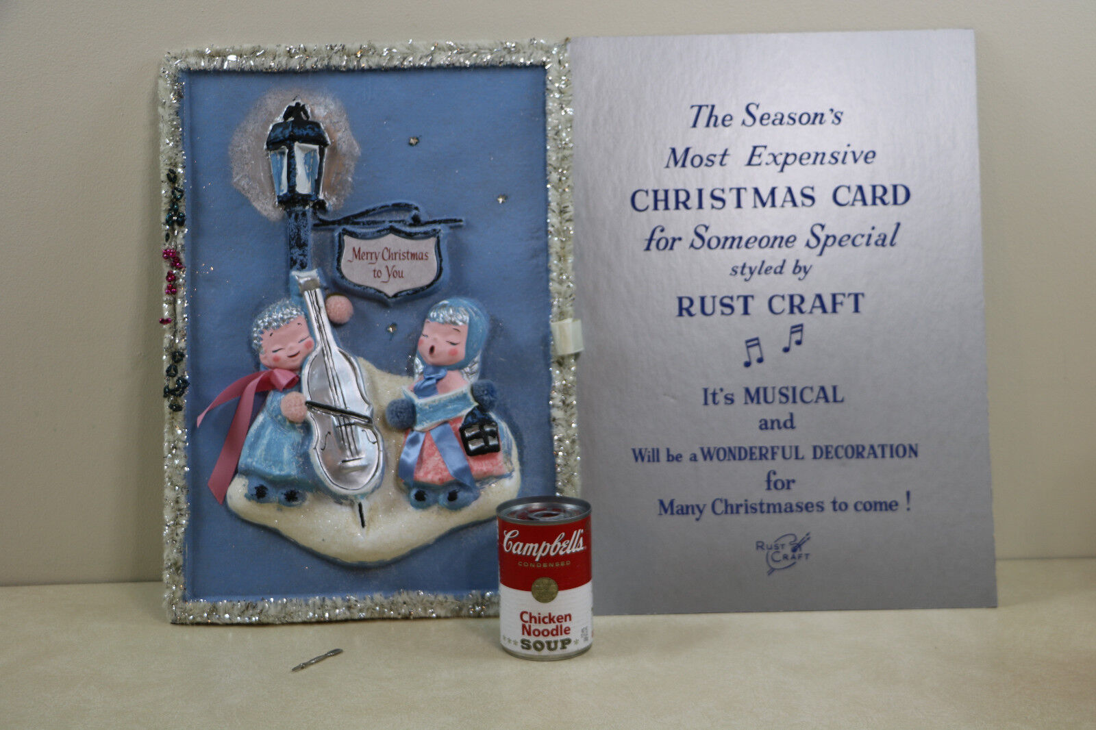 HUGE Mid Century Atomic Musical Christmas Greeting Card Mercury Beads & Tinsel 