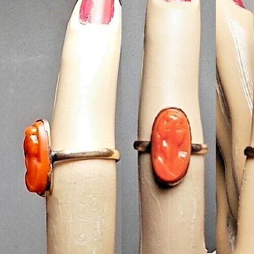1  CORAL CAMEO RING Victorian Hand Carved Genuine Coral Cameo Gold Filled Size 6