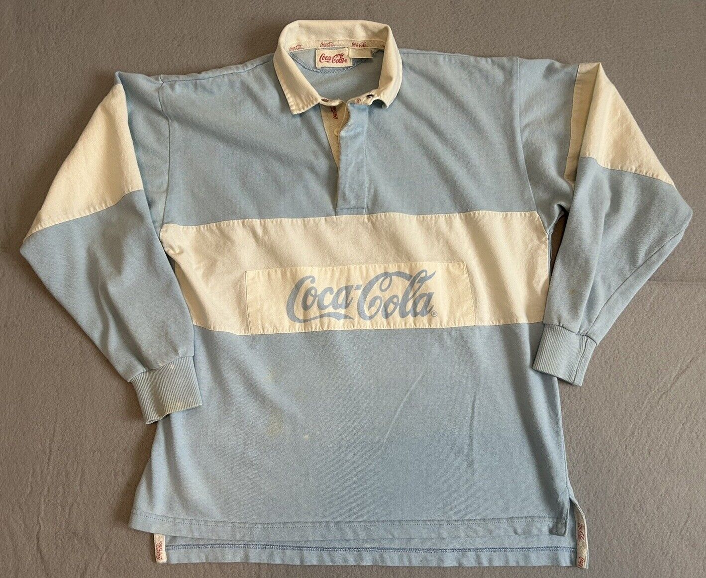 Vtg Coca Cola Rugby Shirt Size S Baby Blue White 70s 80s Long Sleeve Some Stains