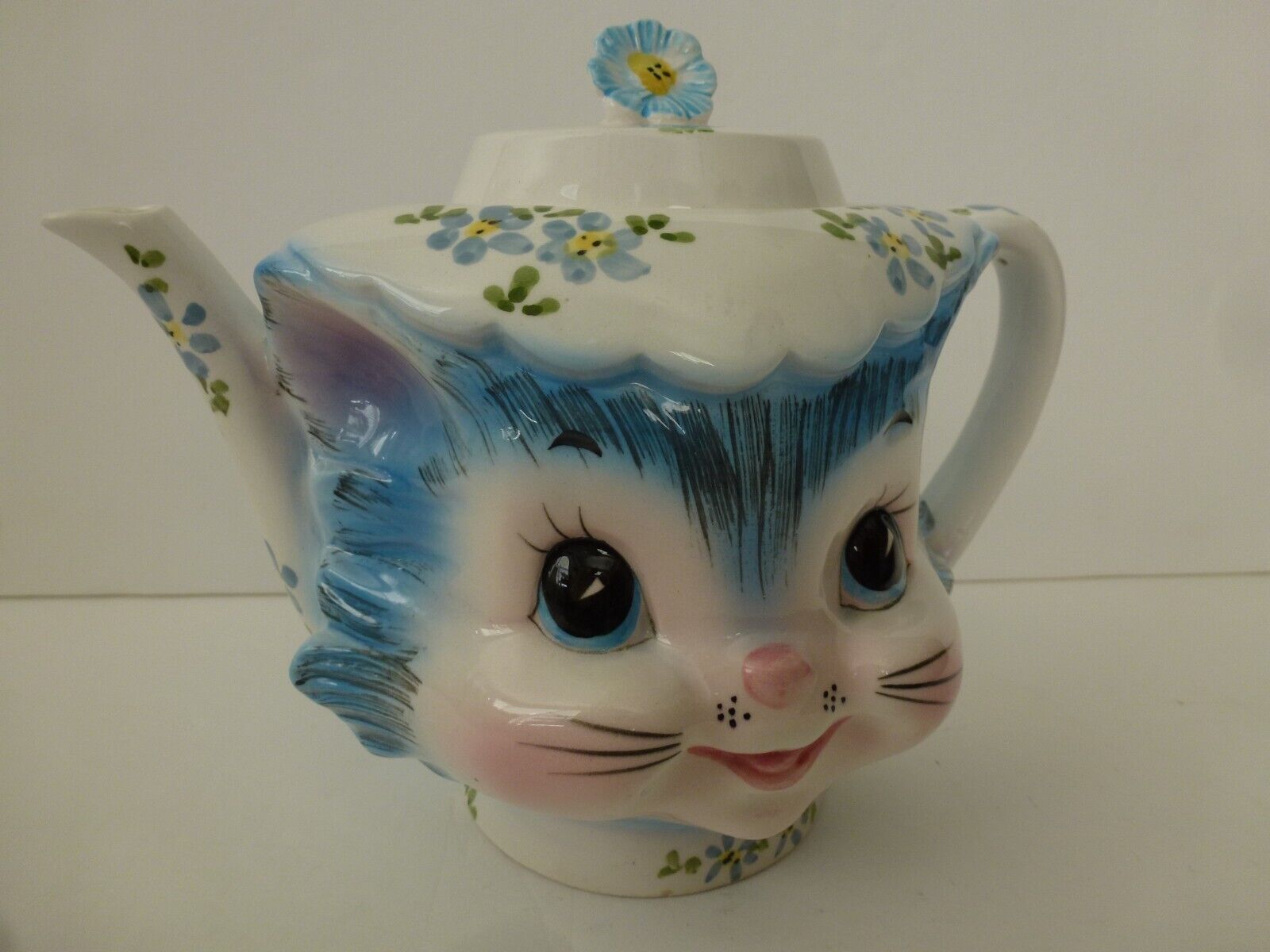 Vintage Lefton Miss Priss Kitty Cat Blue Ceramic #1516 Japan 4 Cup Teapot Kitten