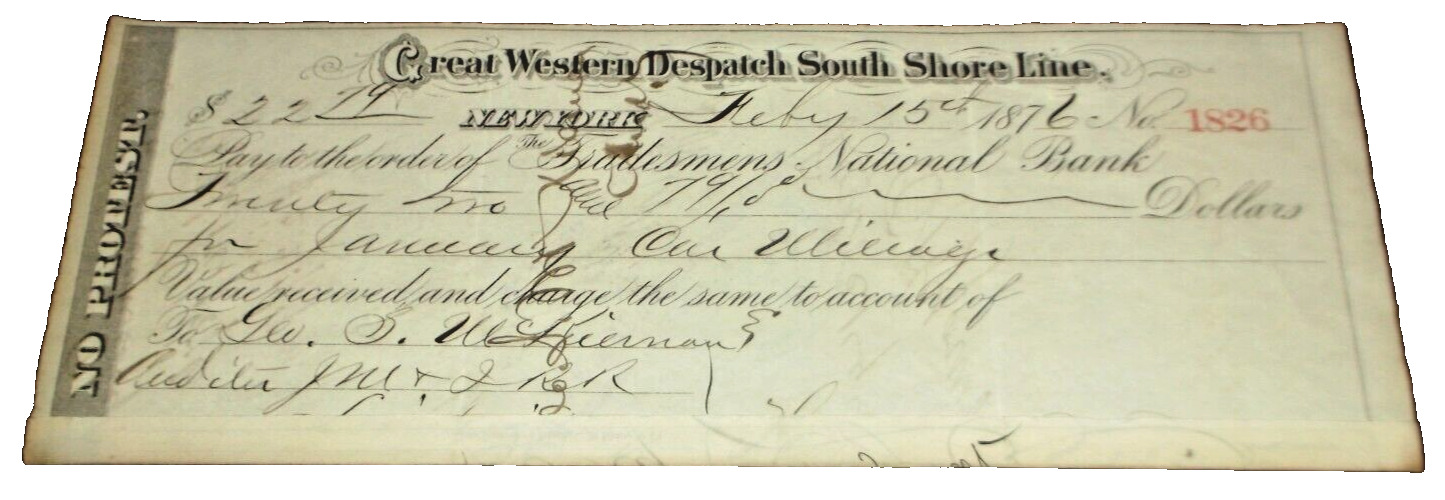 FEBRUARY 1876 GREAT WESTERN DESPATCH SOUTH SHORE LINE PAYABLE TO JM&I RAILROAD