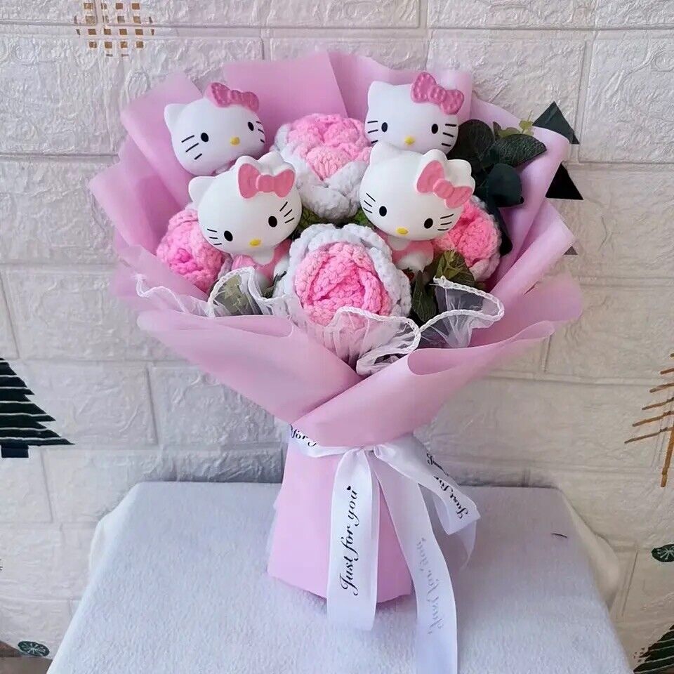Kawaii Hello Kitty Handmade Knitted Cute Bouquet Flowers Hello Kitty Plush