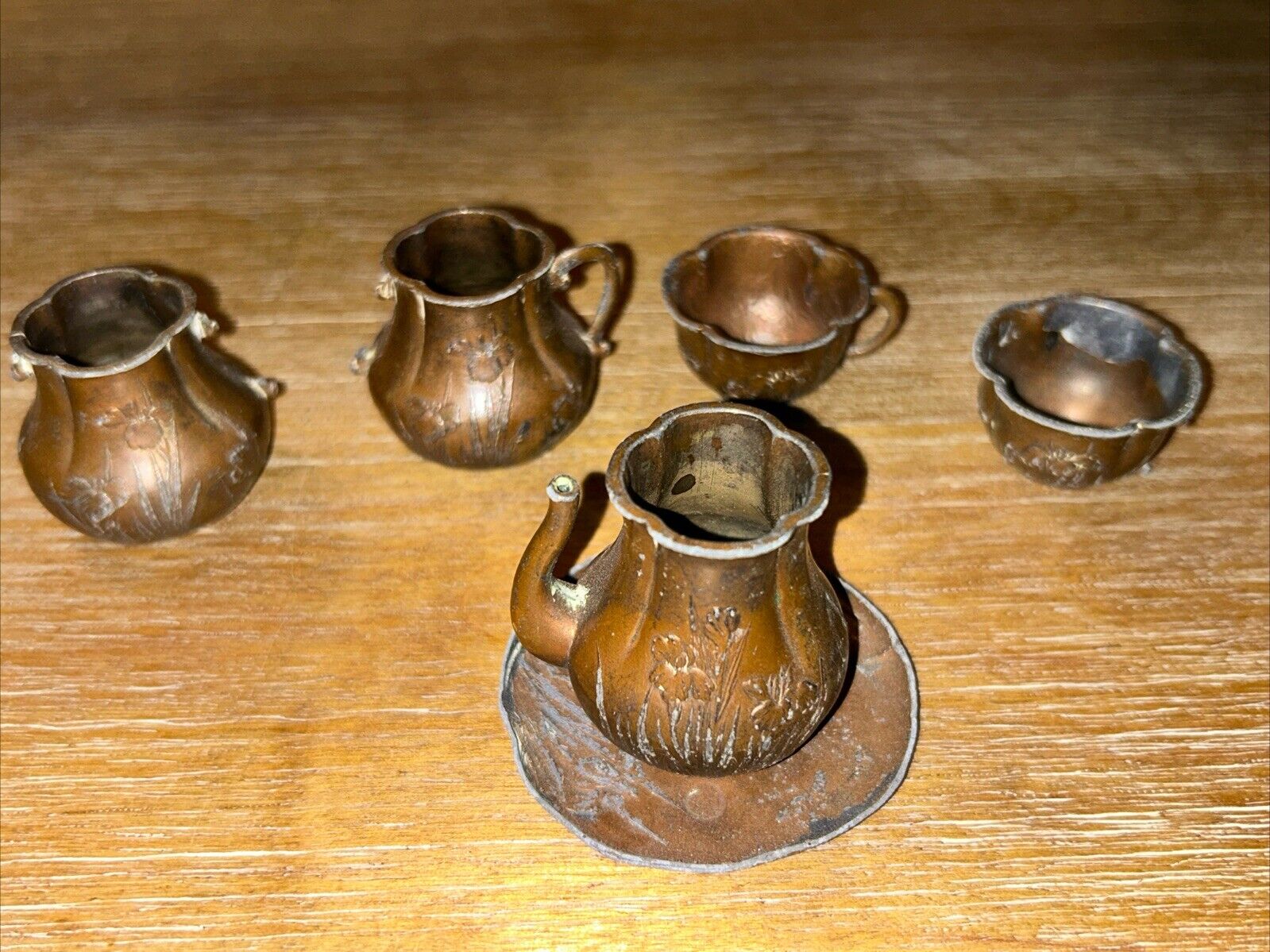 Antique Copper Miniature 6 Pc Set Pitcher Plate 2 Cups 2 Urns, 5 Handles Missing