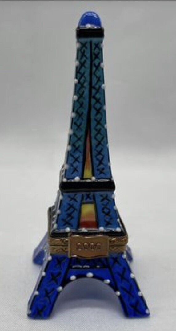 Vintage Elda Creations Limoges Eiffel Tower Hand Painted Trinket Box 3.5” Tall