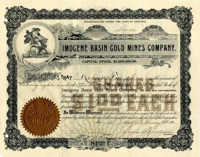 Imogene Basin Gold Mines Co. - Stock Certificate - Mining Stocks