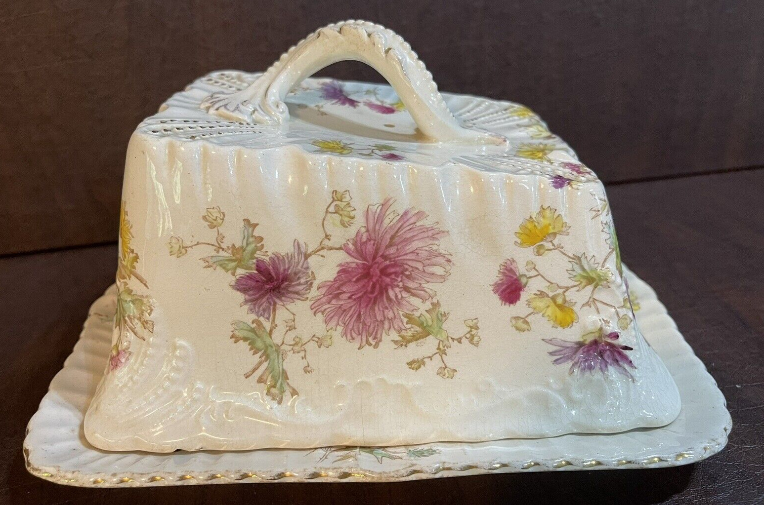 Beautiful Antique Vintage Floral Covered Cheese Dish/Butter Dish numbered