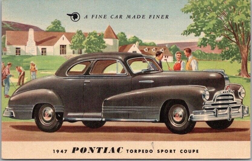 1947 PONTIAC TORPEDO SPORT COUPE Automobile Advertising Postcard Golf Scene