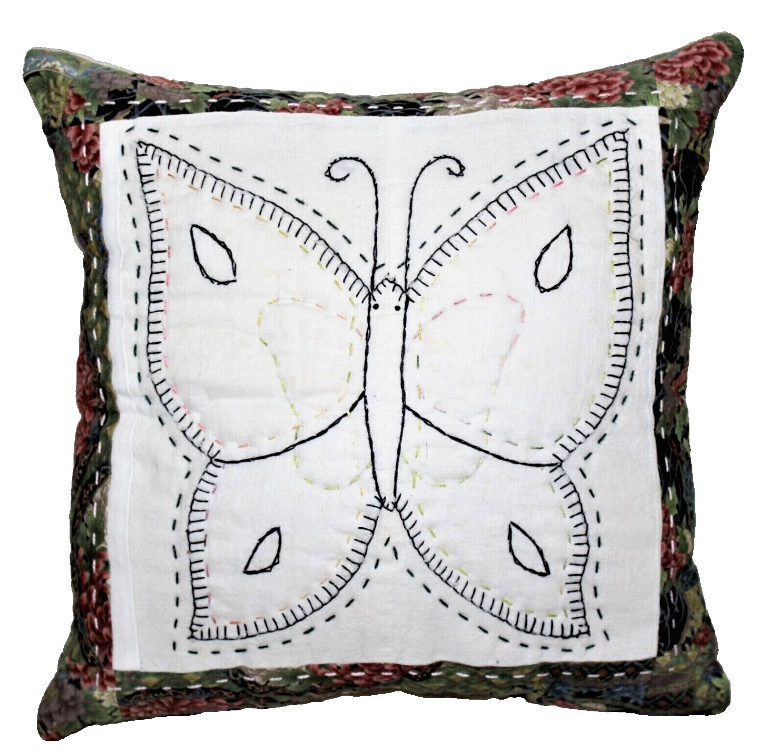 Throw Pillow Made With Vintage Butterfly Hand Stitched Applique Embroidery Quilt
