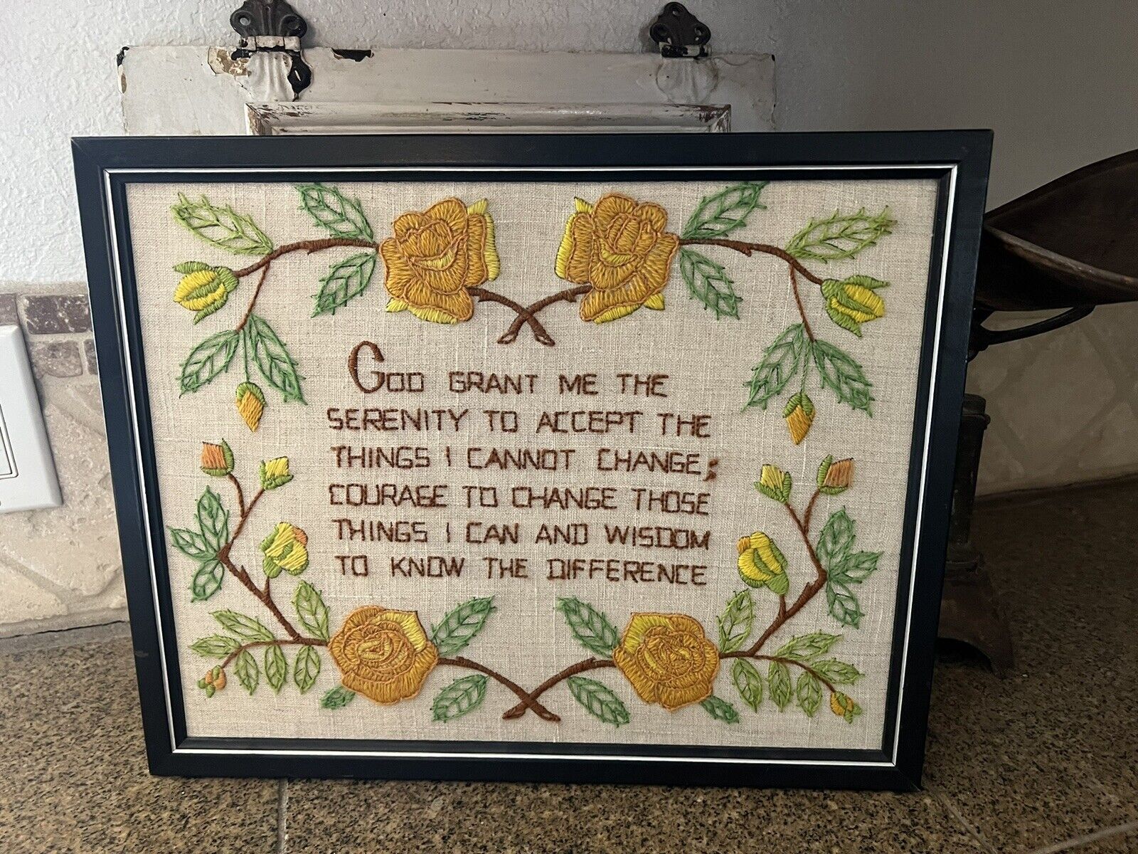 Serenity Prayer Embroidered Linen Stitched Sampler Art Framed Religious