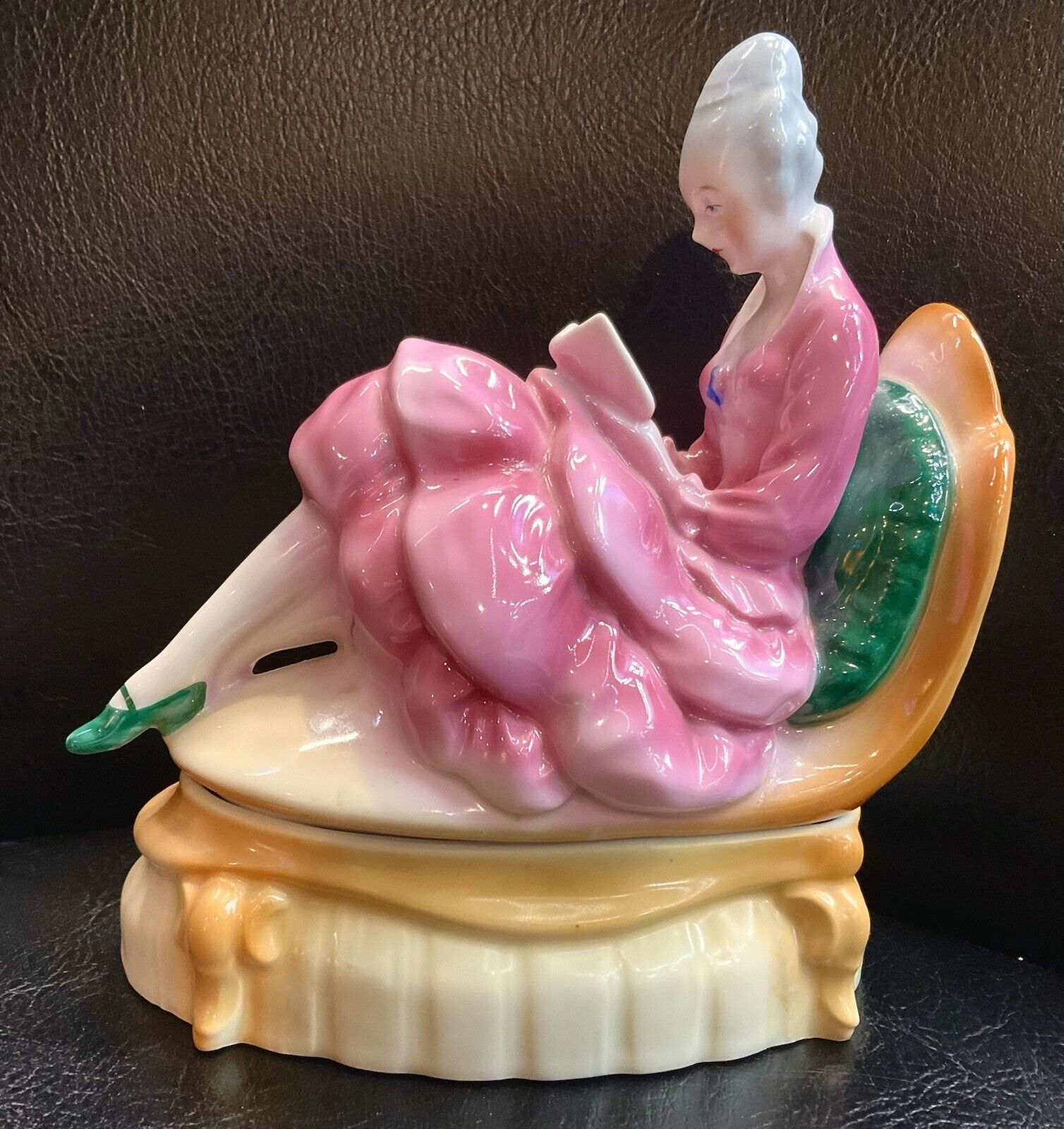 Art Deco Half Doll Powder Jar Porcelain Dresser Box Figural Woman Pink Large