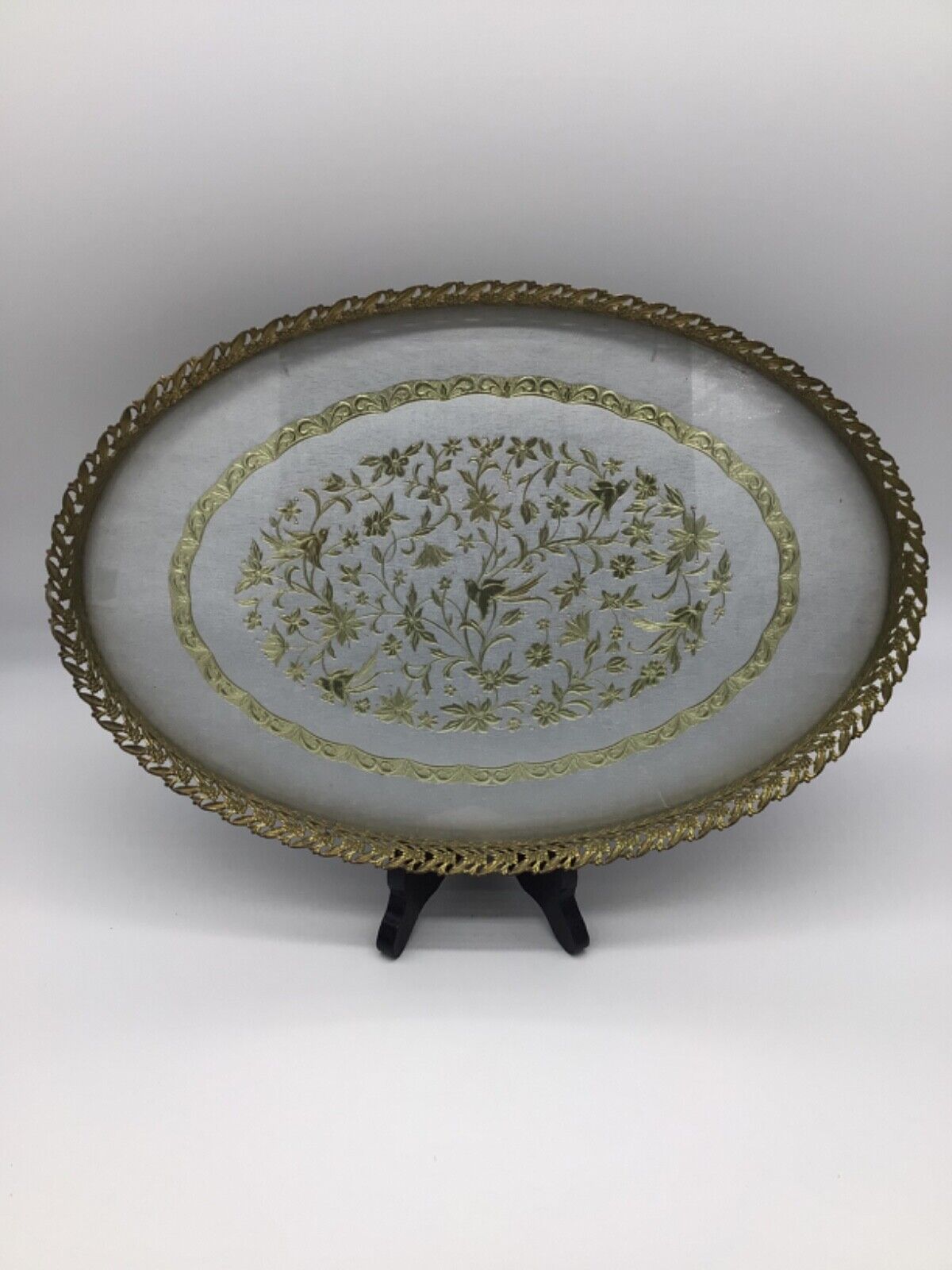 Vintage Extra Large Oval Vanity Tray Gold Floral Filigree Mirror