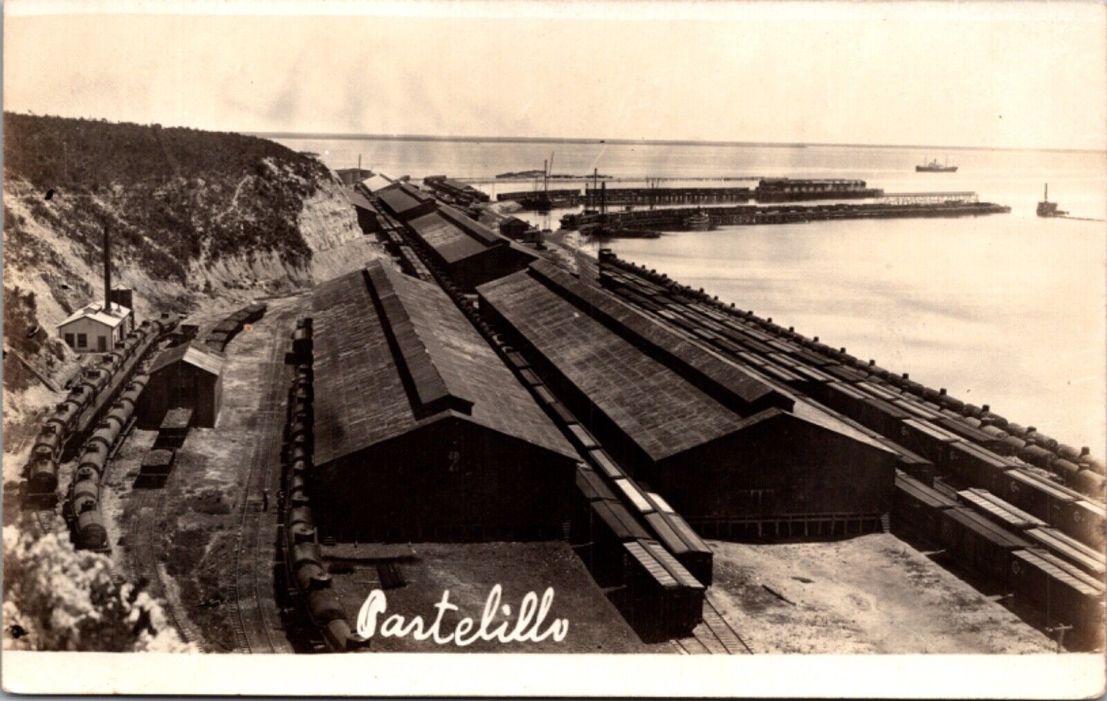Real Photo Postcard Railroad Yards Shipping Port Pier Buildings in Puerto Rico