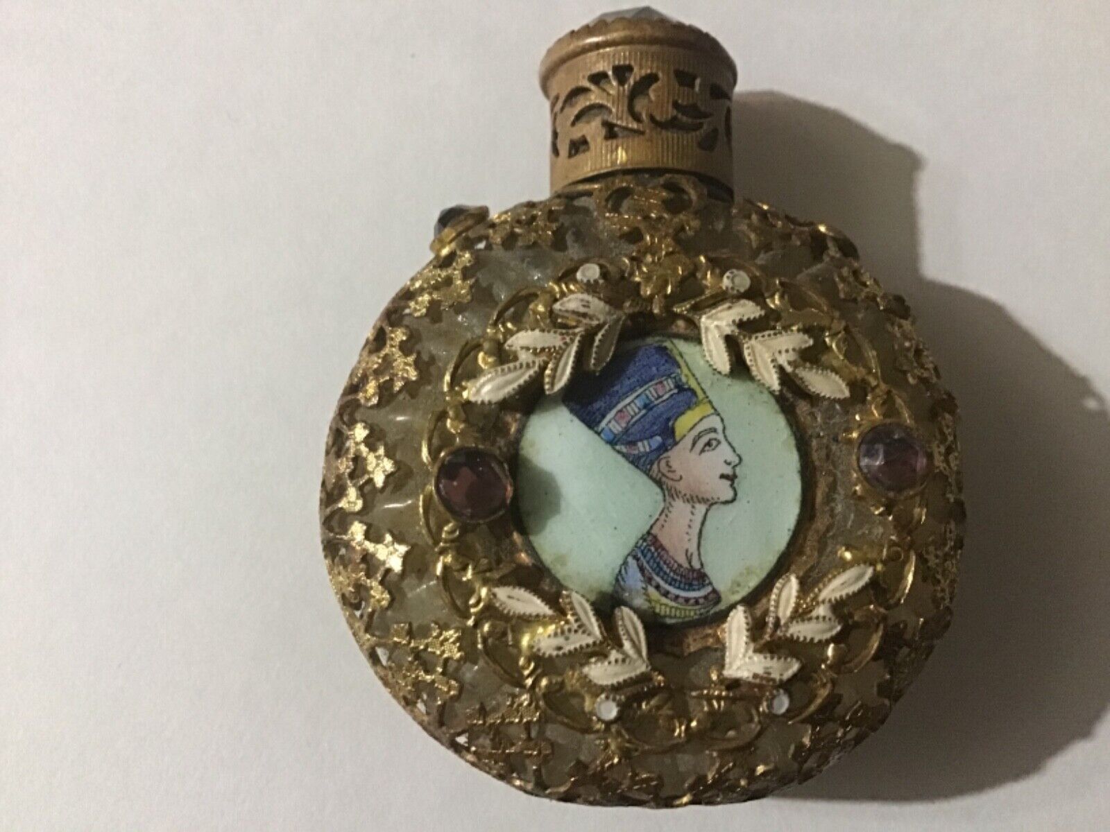 Vintage chabrawichi Egypt Czech Nefertiti filigree Jewelled mini perfume bottle 
