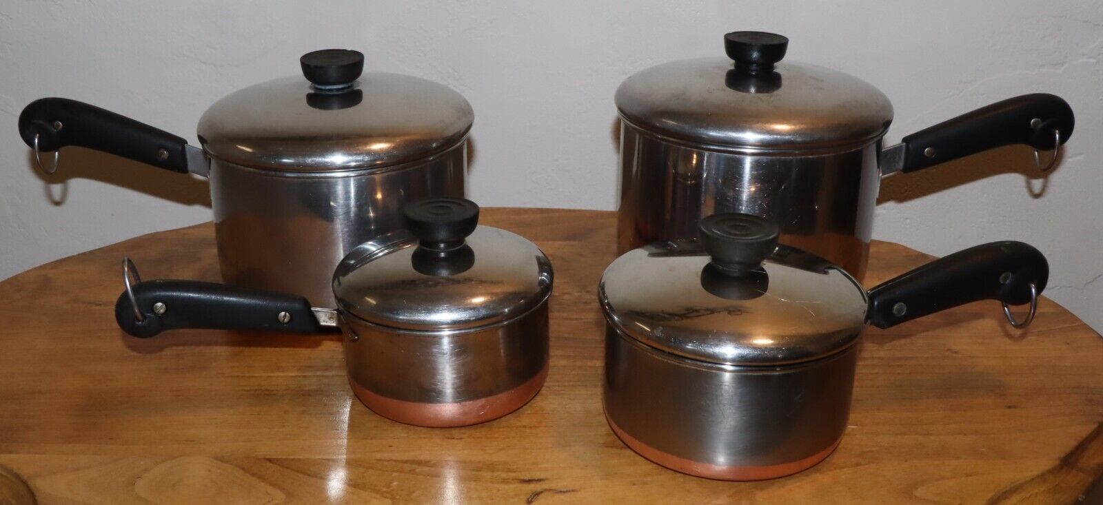 Vintage 4 Piece Set Of Revere Ware Copper Bottom Pots w/Lids- 3/4qt, 1qt, 2-3qt