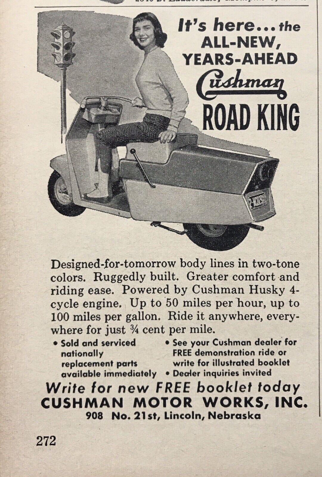 1957 Cushman Husky Road King Motor Scooter Vintage B&W Print Ad 3”x5” PMM 272