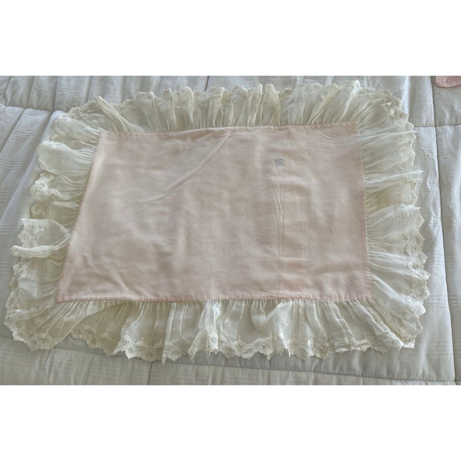 Vintage Handmade RN Custom Made Pink Baby Pillow Case With Handmade White Lace