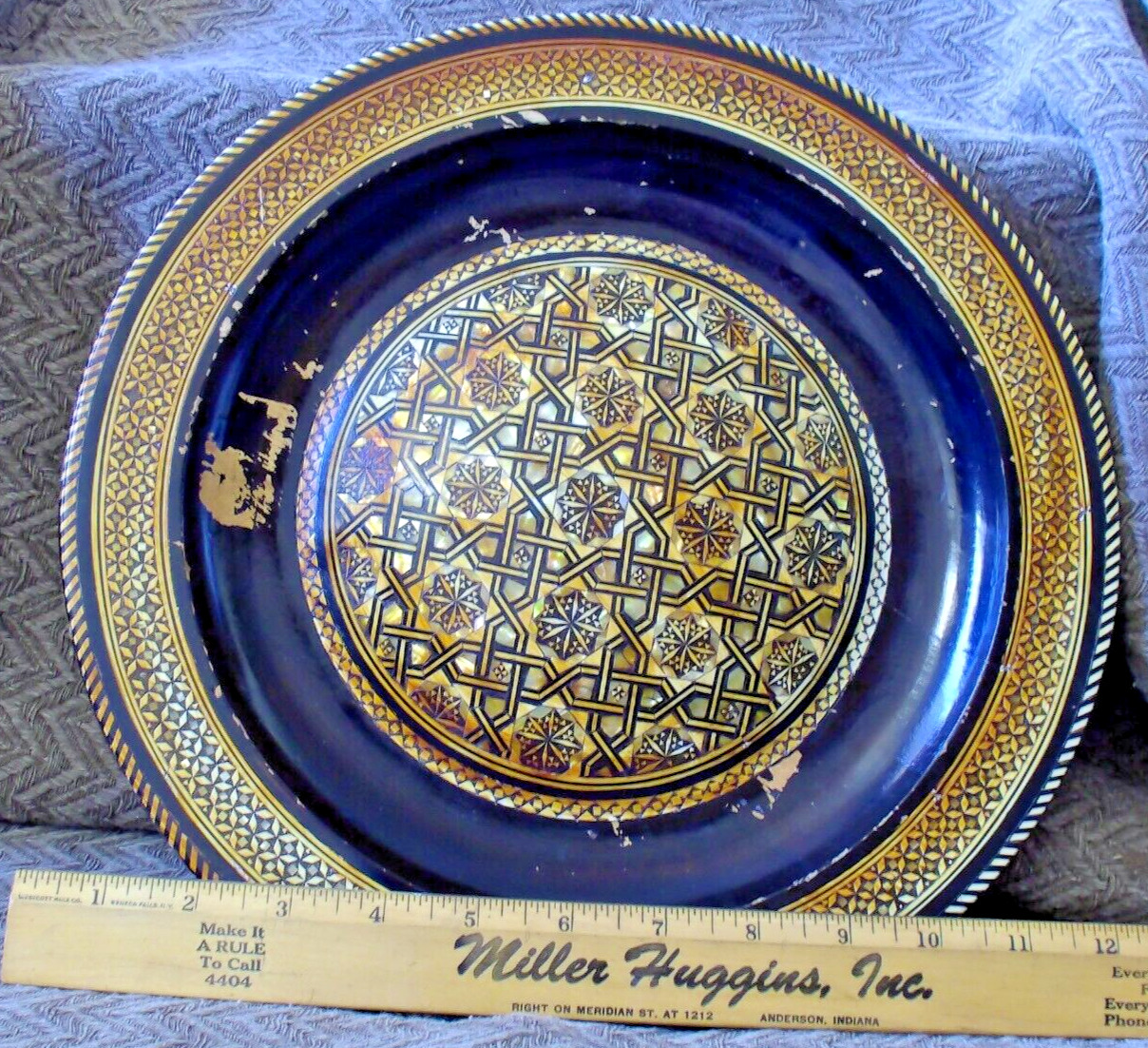 Vtg Egyptian Wood Inlay Mother Of Pearl Round Decorative Wall Decor Morocco 12”
