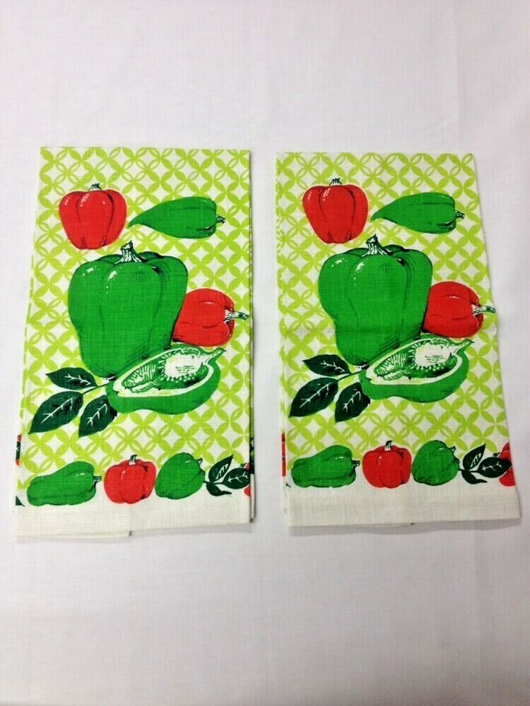 Set of TWO VTG Unused Malandrino Linen Towels Retro Fruit Peppers Avacados B