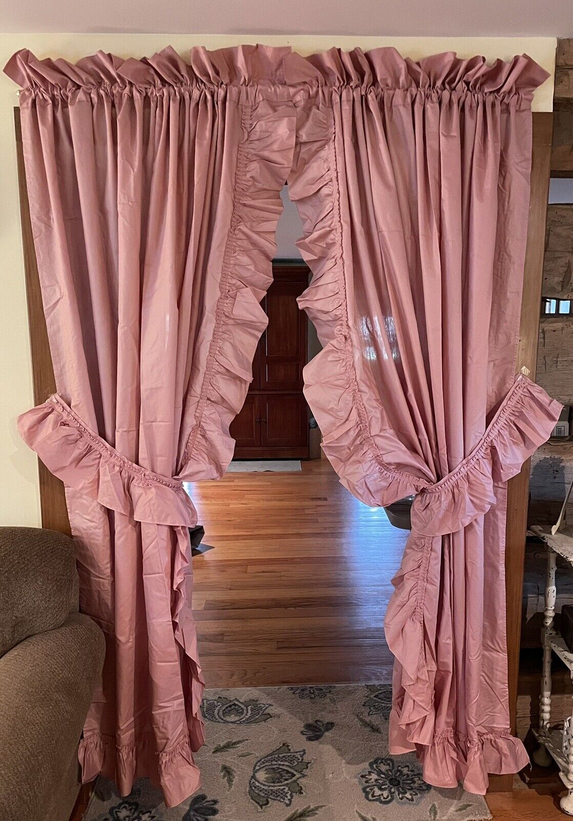 Pair of Sears Dusty Rose Ruffled Country Curtains (ea.64”x82” flat) Vintage 1980