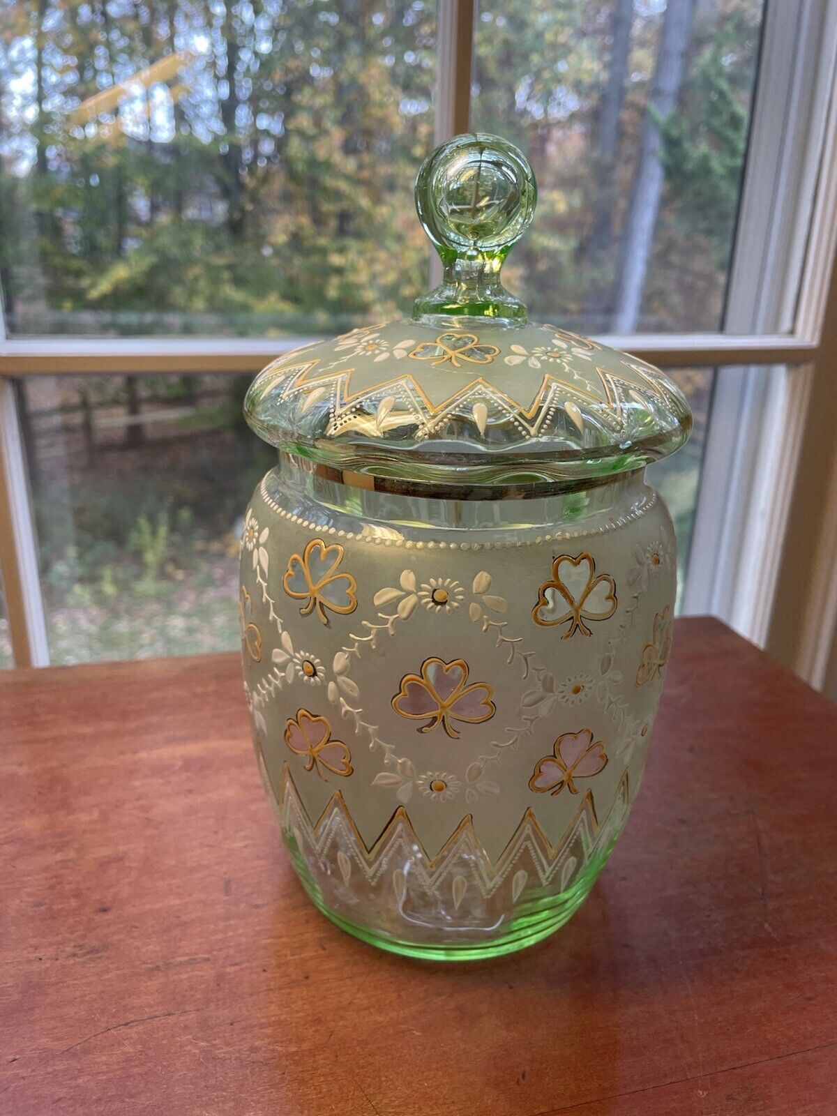  Victorian Bohemian Moser  Type Hptd. Enameled Green Glass Humidor Jar 