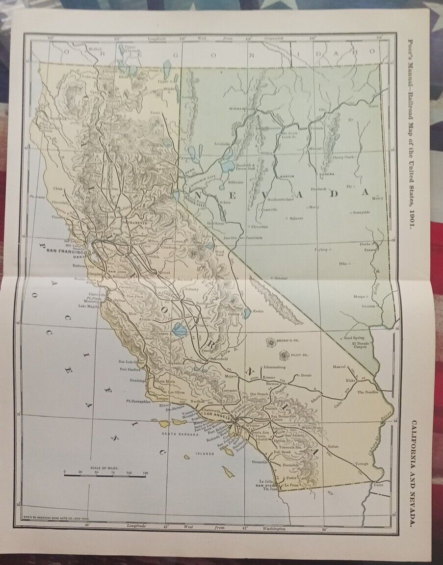 1901 ORIGINAL dated Railroad Map CALIFORNIA NEVADA all Train Lines Routes 9X11\