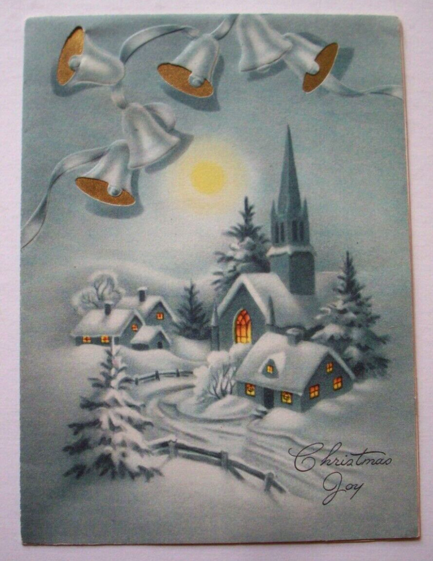 Foil accent bells over town at night vintage Christmas greeting card *LL10