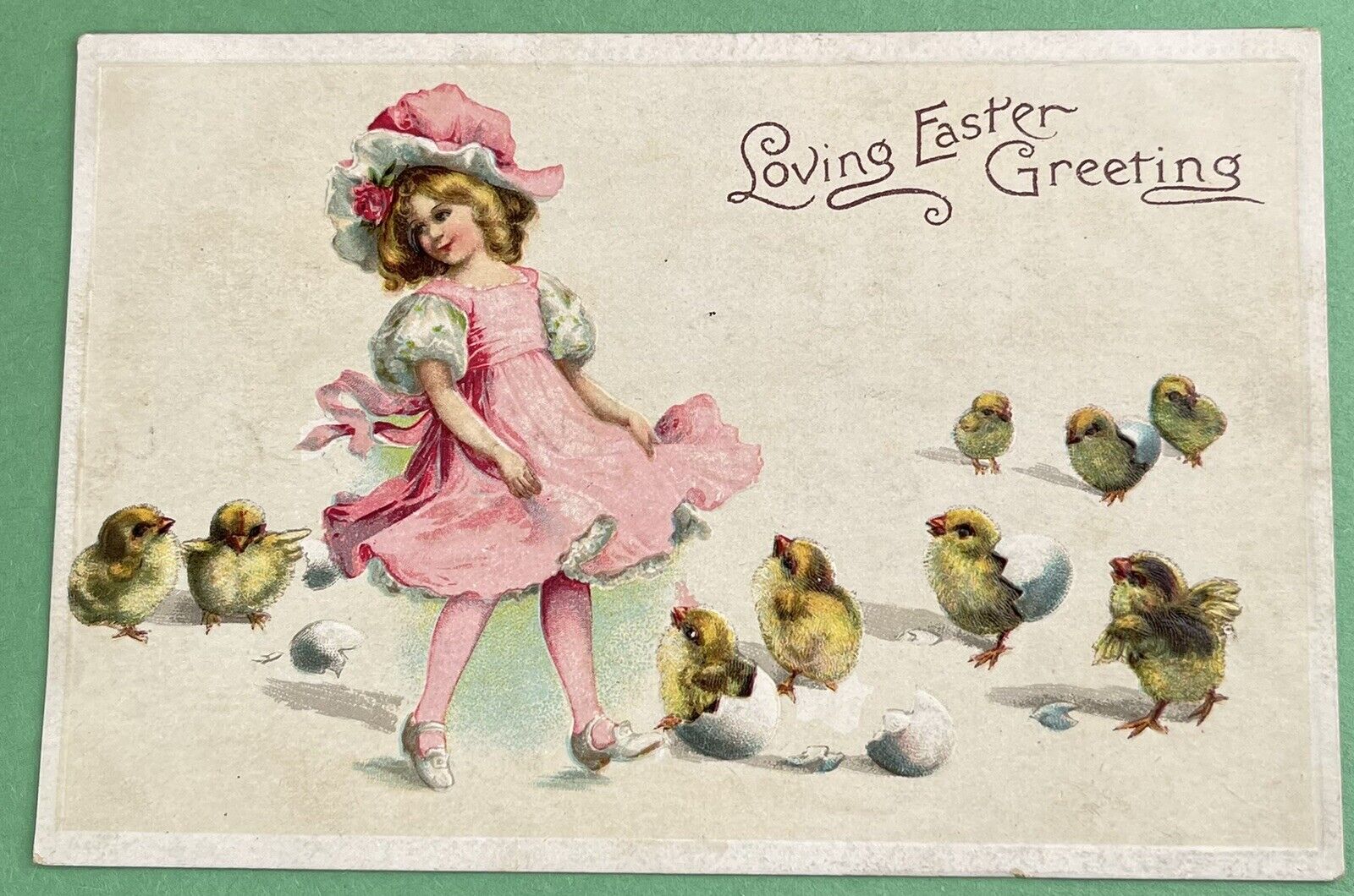 Vintage Embossed Easter Postcard~Girl In Pink, Chicks. E516