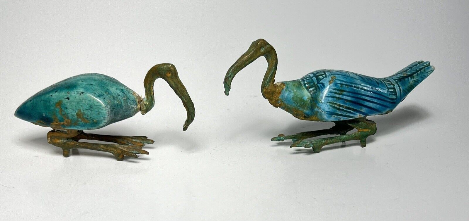 Vintage Egyptian Carved Soapstone & Brass Ibis Birds Pair *flaw