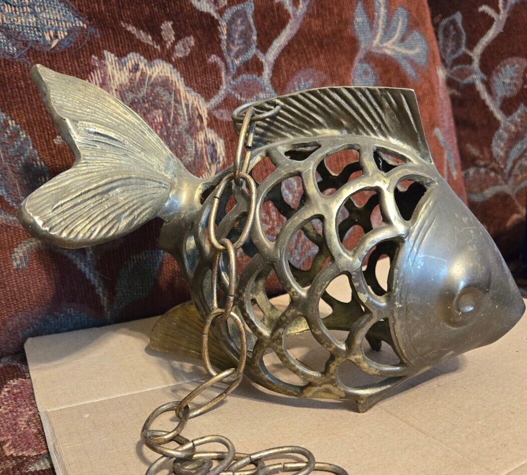 Vintage Mid Century Large Brass Koi Fish Hanging Lantern Candle Holder 