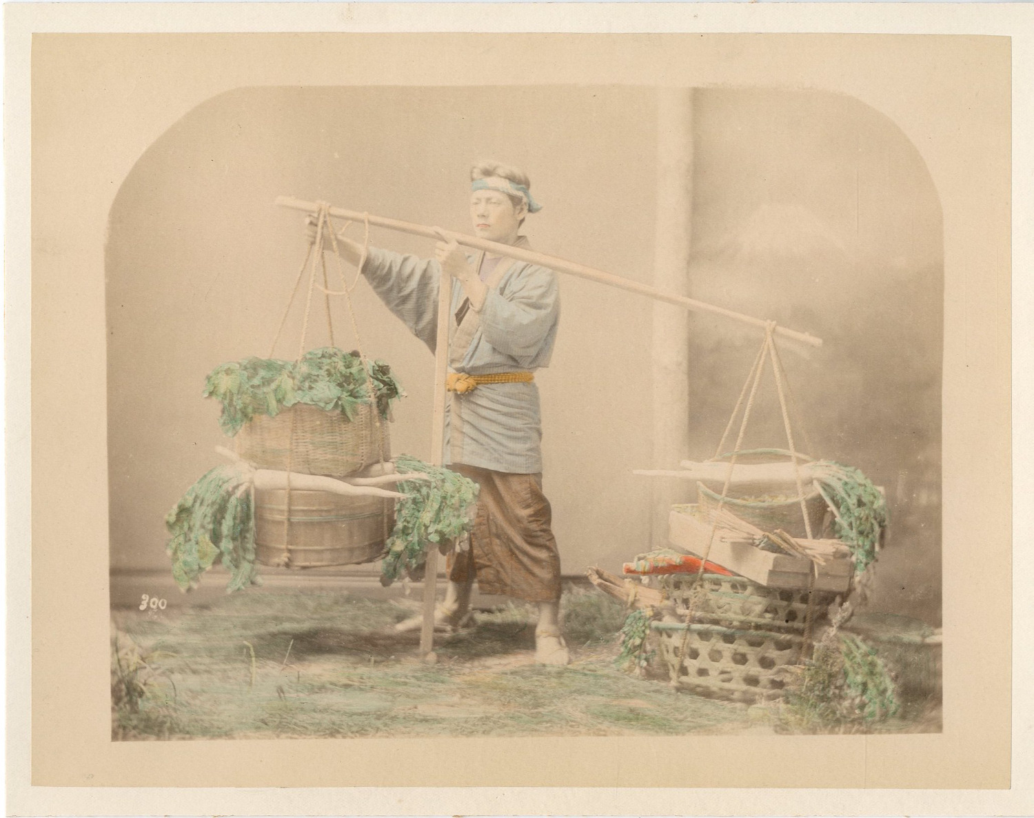 Japan, Vegetable Hawker Vintage Albumen Print.  Watercolor Albumin Print  