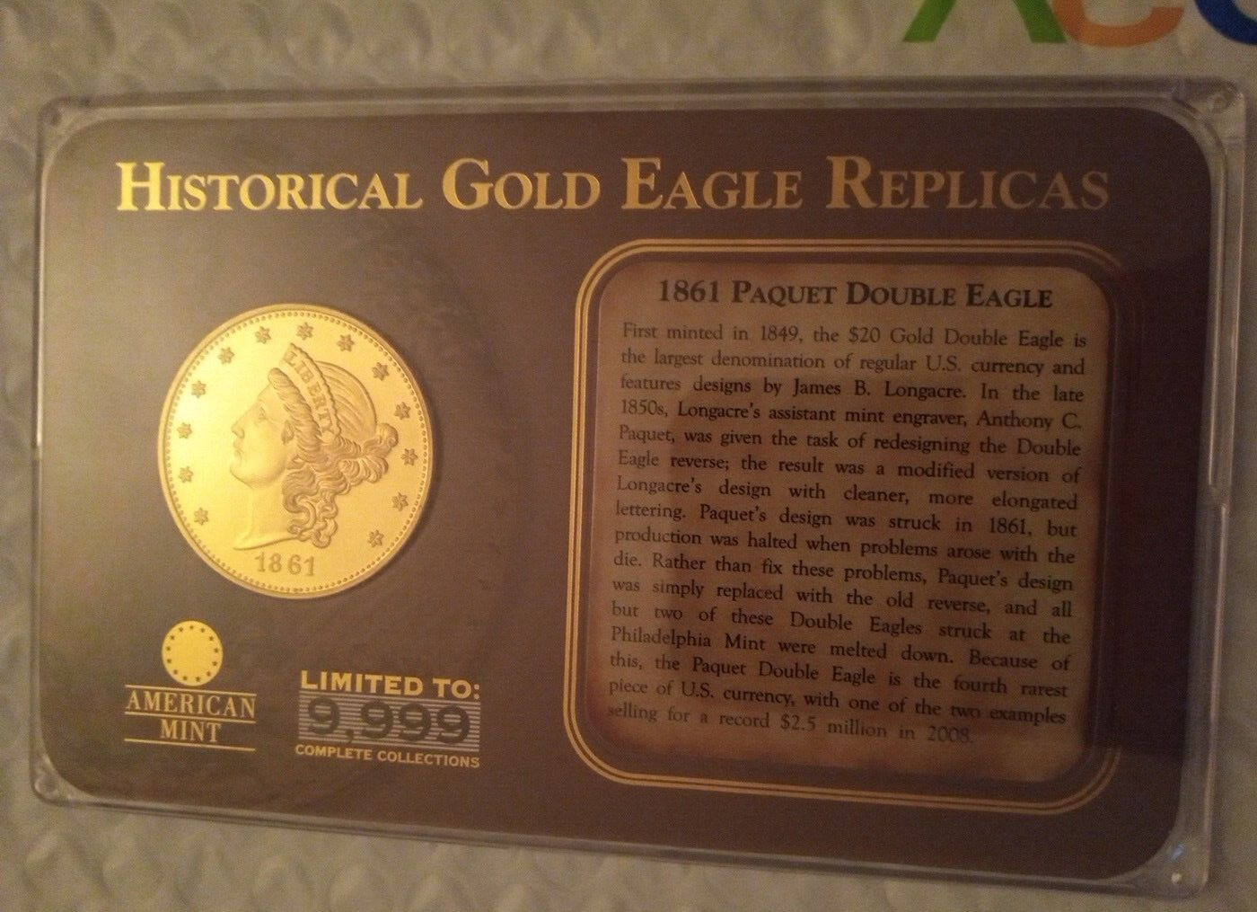  1861 $20 PAQUET Historical Gold Double Eagle Replica by American Mint w COA