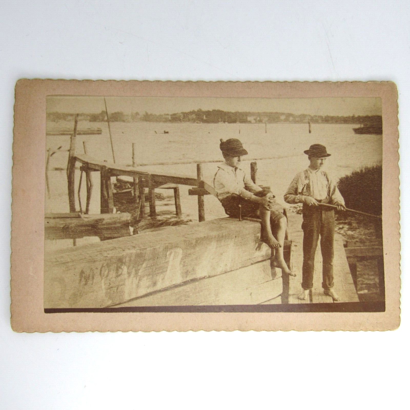Vintage Cabinet Card Photo Antique Original Candid Boys Fishing Sepia Gold Edge