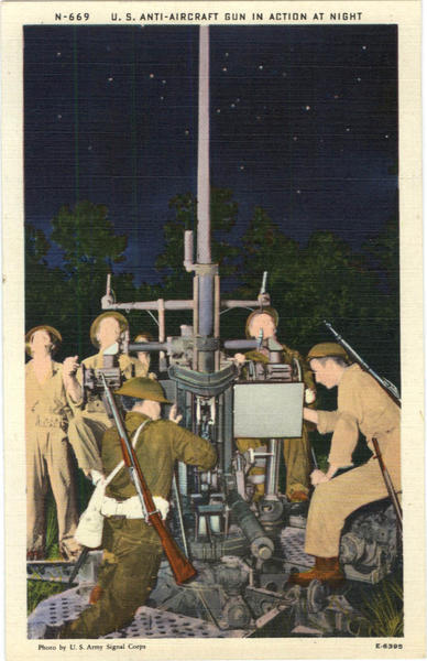 U. S. Anti-Aircraft Gun in Action at Night Asheville Post Card Co. Postcard