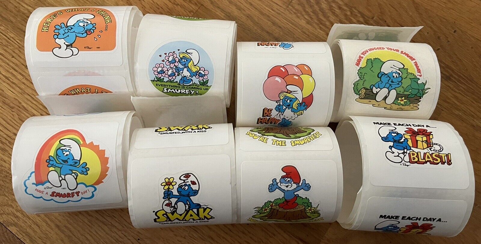 80 Vintage 80's SMURF Stickers Smurfette Rainbow Papa Hugged Be Happy 8 designs