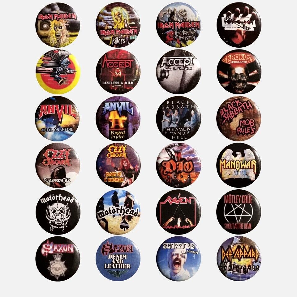 80's Heavy Metal Buttons Lot-of-24 - Iron Maiden Saxon Judas Priest Motorhead...