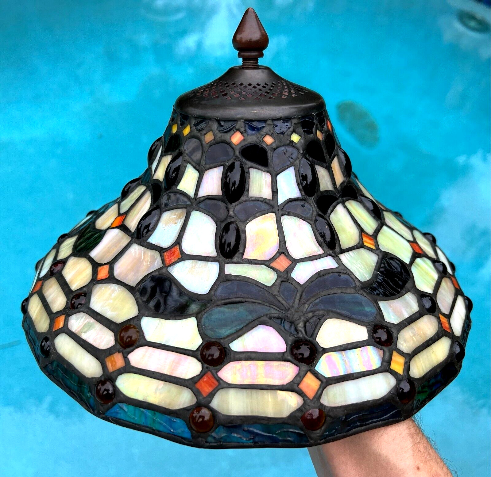 🔥 VINTAGE SPECTRUM TIFFANY STYLE STRAINED GLASS LAMP SHADE 11” + 3 CHAINS