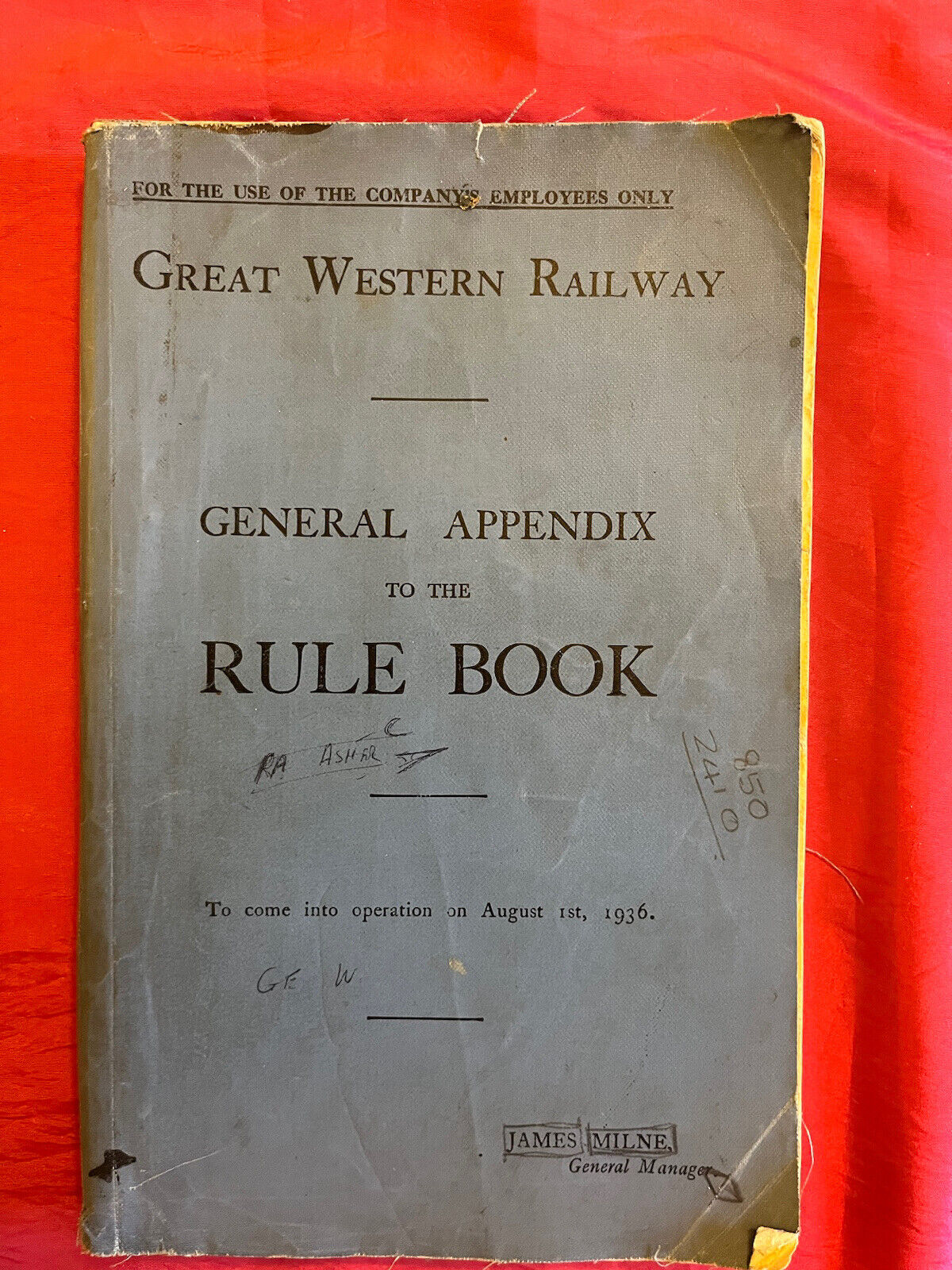 The GWR Appendix To The Rule Book. August, 1936. Oversized Paperback.
