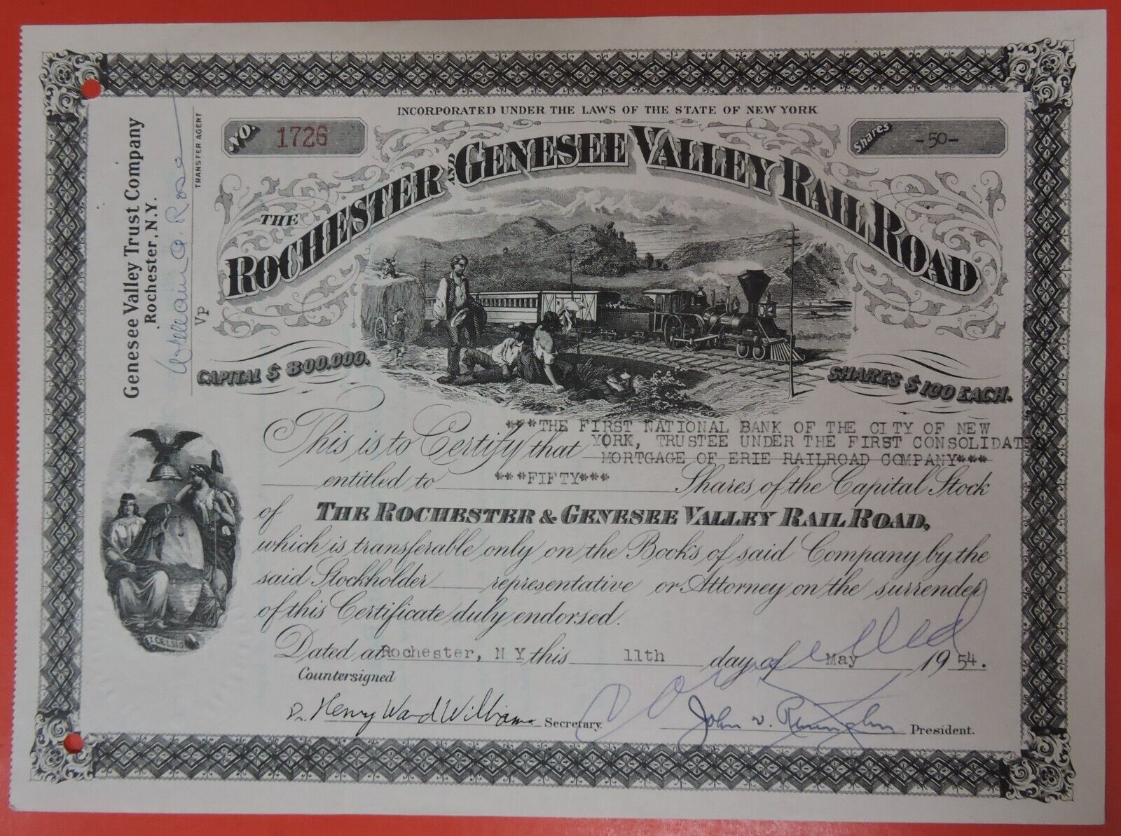 1954 ROCHESTER AND GENESEE VALLEY RAILROAD COMPANY STOCK CERTIFICATE