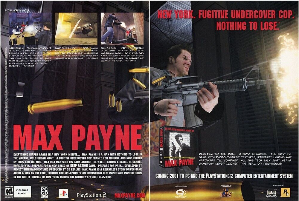 Max Payne PS2 Original 2002 Ad Authentic Rockstar PlayStation Game Promo v2