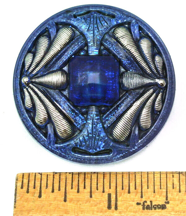 42mm Vintage Czech Glass Nouveau Double Dragonfly Blue GLITTER w/Silver Button 