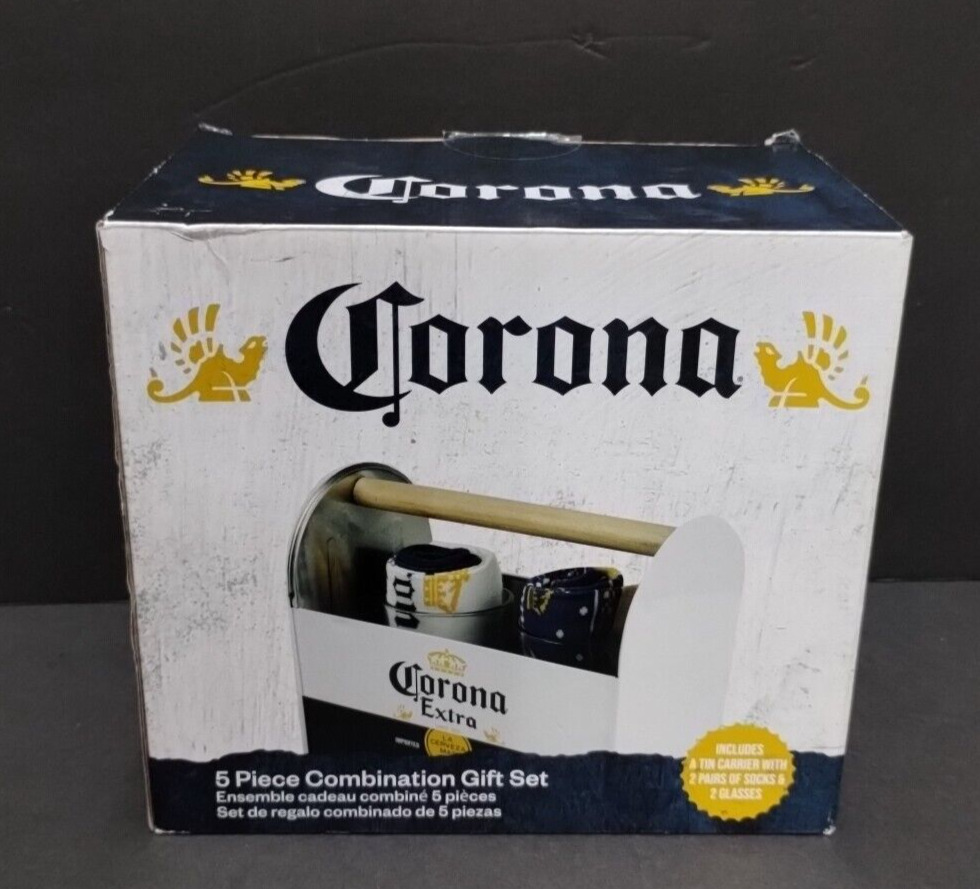 CORONA EXTRA TIN GIFT SET Beer Lovers Glasses (2) Socks (2 Pairs) New except box