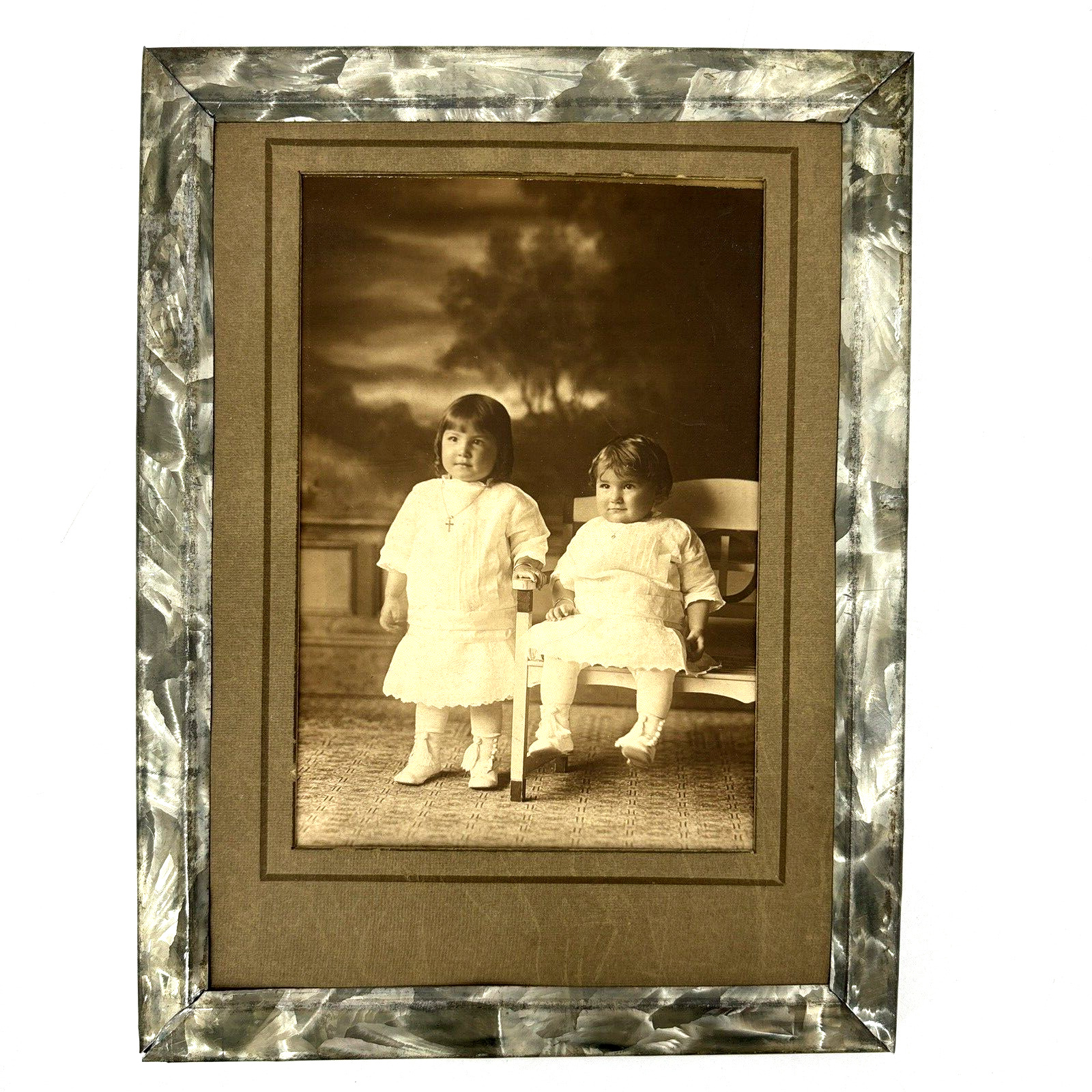 Antique Sepia Tone Portrait Photo 2 Baby Girls Family Sisters Framed 1910s 20s