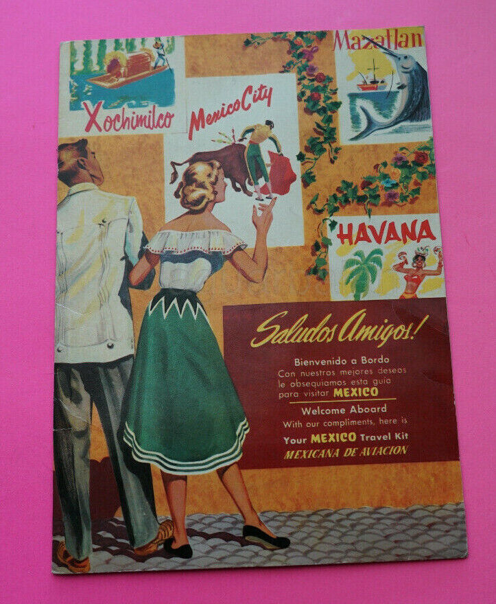 Mexican Vintage MEXICANA Airlines Carrier Folder Travel Kit advertising C. 1950s