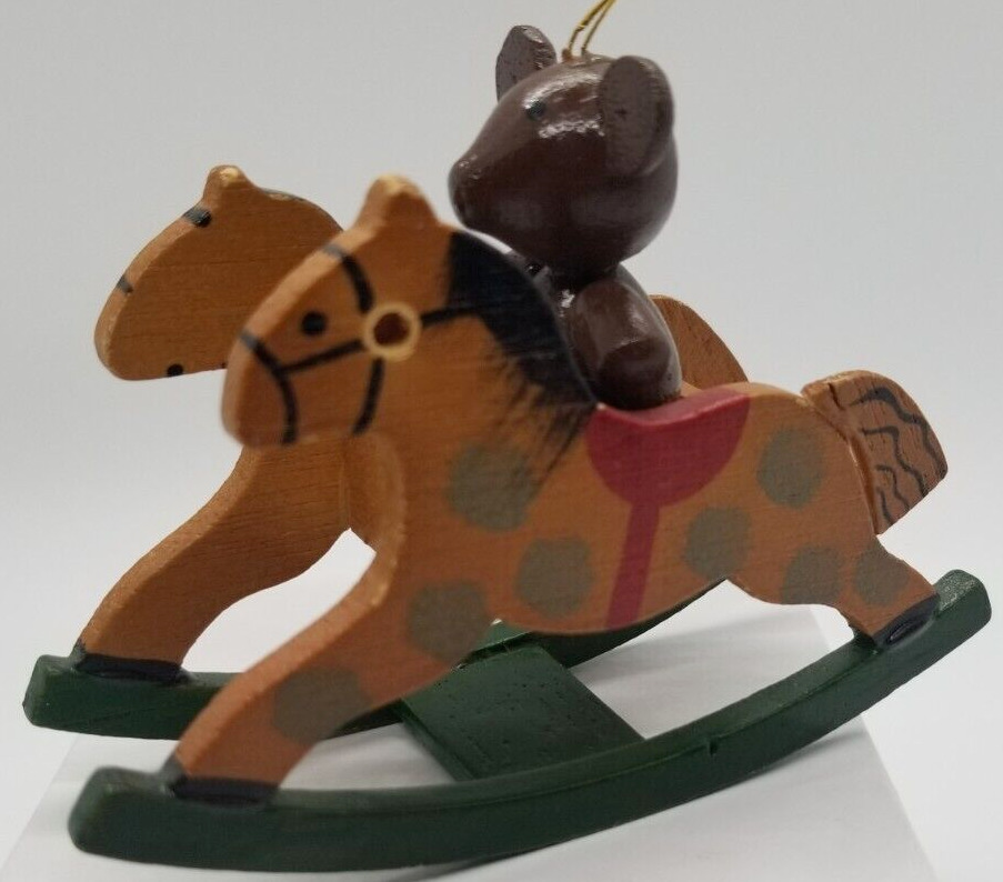 VTG Ornament Wood Rocking Horse Teddy Bear Riding in Sled